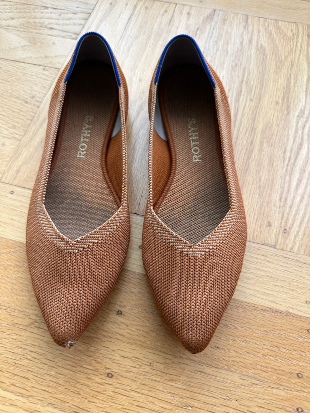 Rothy's Pointed Slip-On Flats in Cognac with Blue Trim - Picture 2 of 5